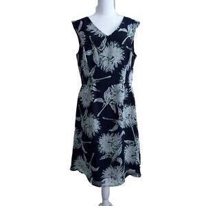 Ann Taylor Summer Dress Navy Blue Gray Aqua Large Floral V-neck A-line Size 8